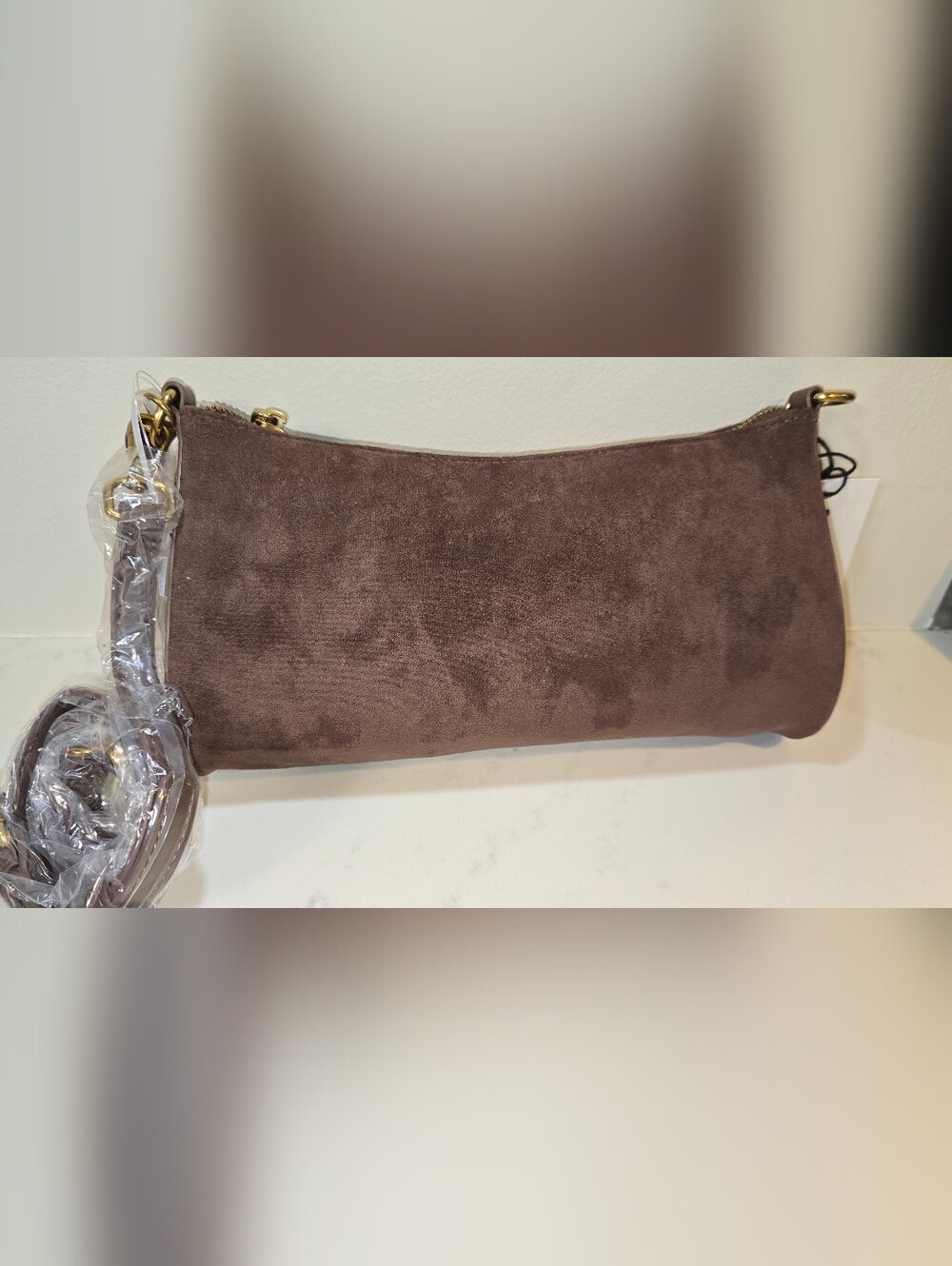 Steve Madden Taupe Suede Shoulder Bag with Gold Chain - Picture 3 of 5